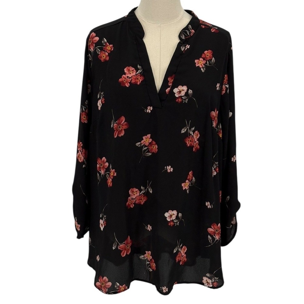 Black Rust Floral Print Blouse Long Sleeve V Neck Casual Top